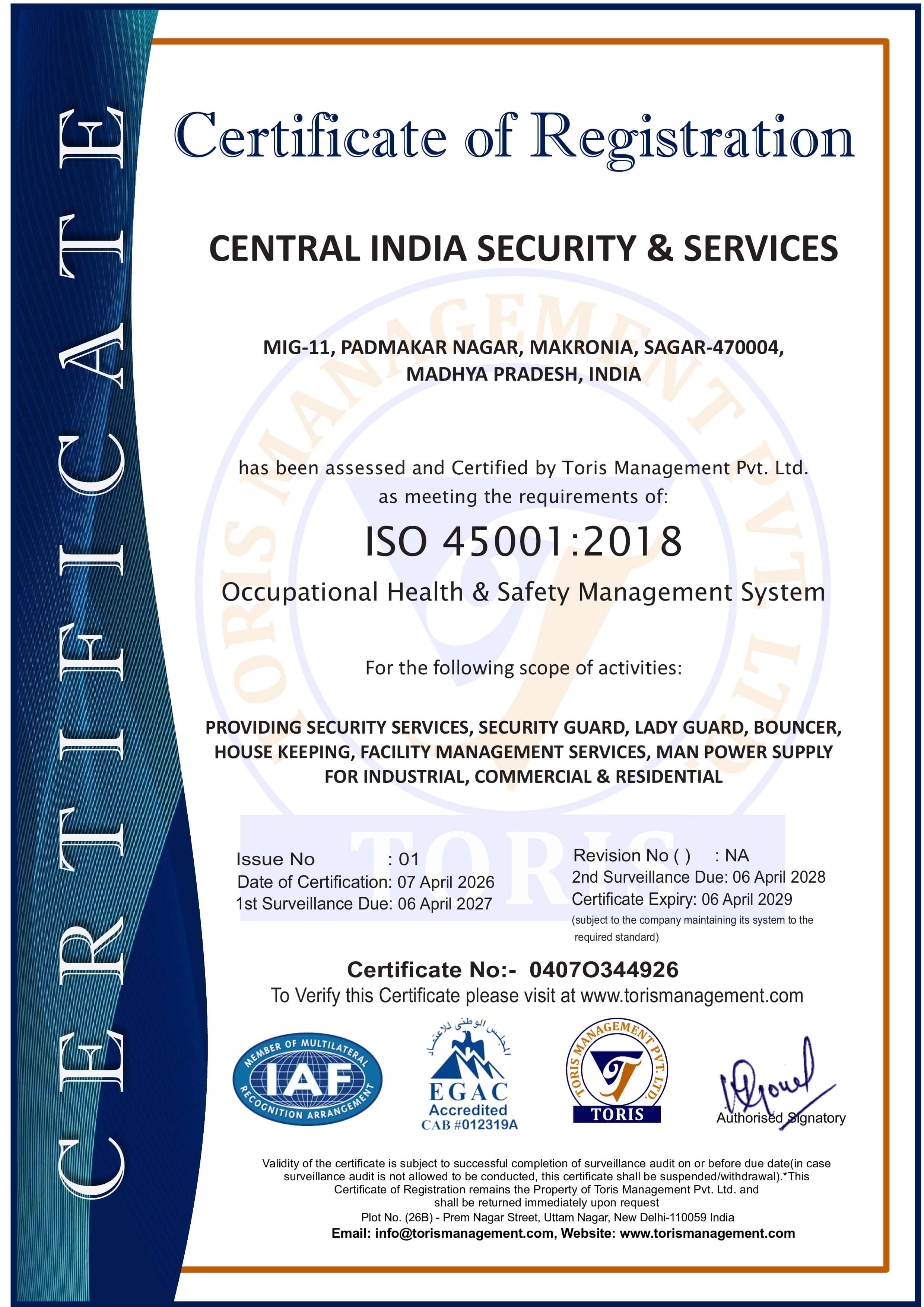 ISO 45001:2018 certificate — Central India Security & Services